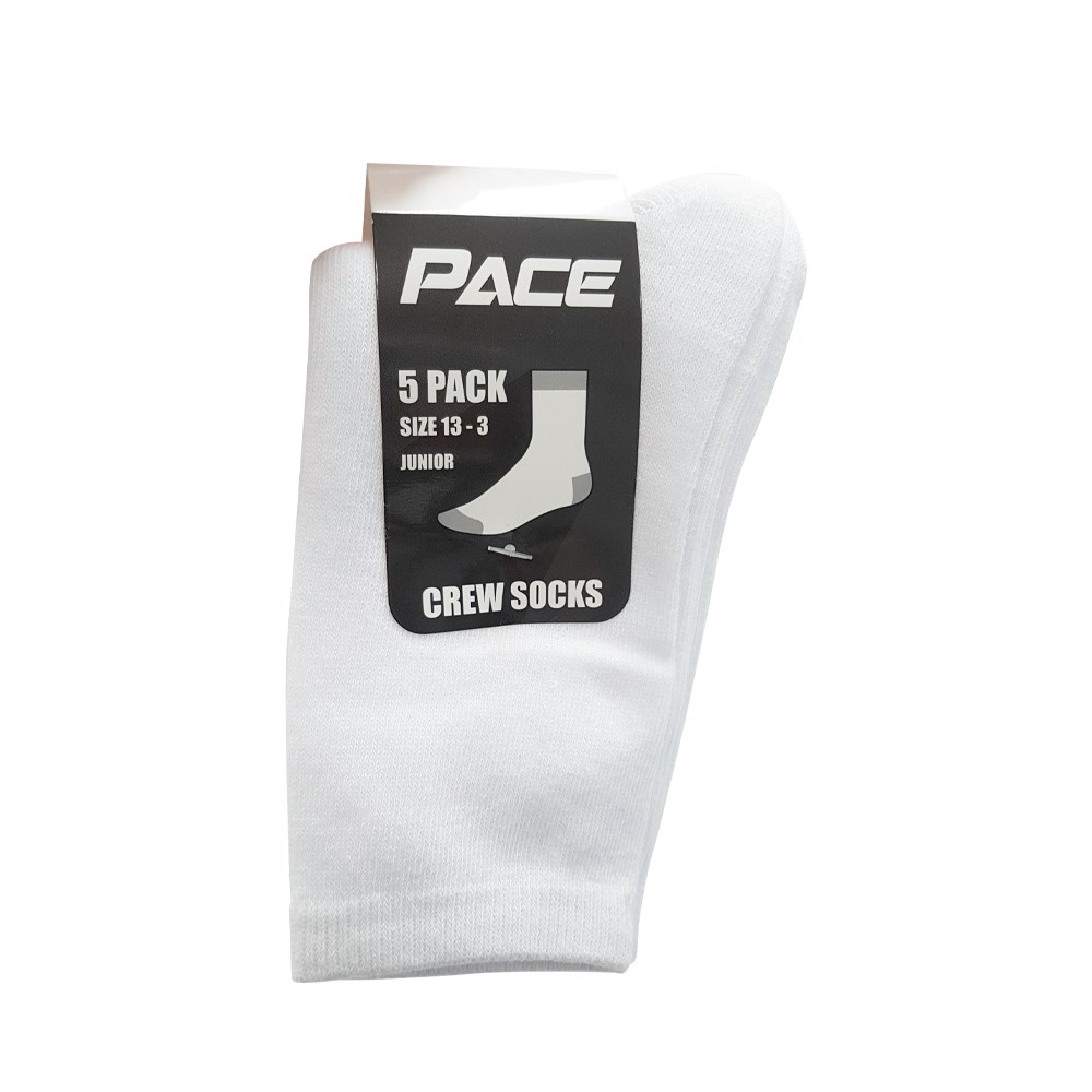 Pace Crew Socks Sizes 13-3, 2-8, 6-10, White, 5 Pack - Theodist - Theodist