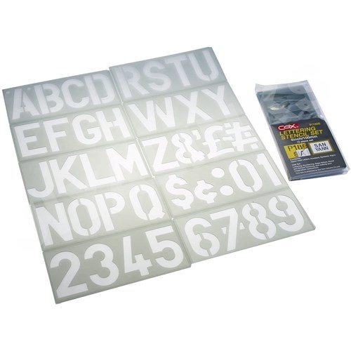Cox 22073 Lettering Stencil Letters & Numbers P/1800 10 Piece Set 4inch/100mm - Theodist