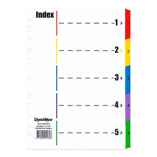 DataMax DM16215 Index Divider 5 Tabs Colours Number A4 140GSM - Theodist