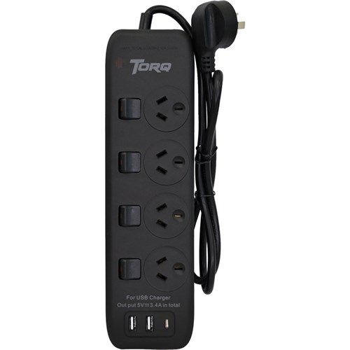 Torq TQPB4 Power Board 4 Outlet Surge Protection with 2 USB A & 1 USB C, Black - Theodist