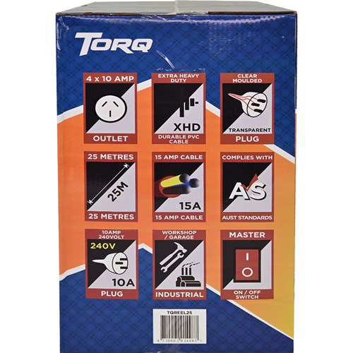 Torq TQREEL25 Extra Heavy Duty Power Extension Reel 4 10 Amp Outlets 25m_5 - Theodist