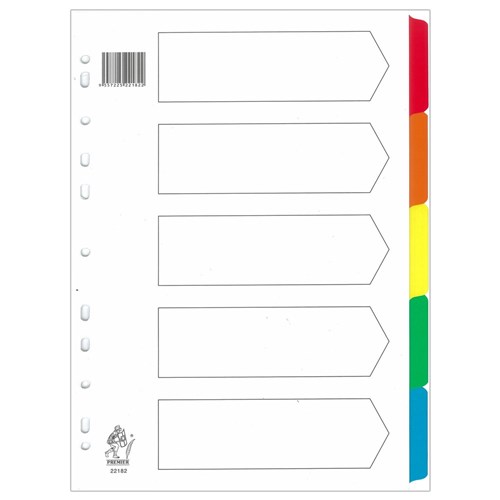 Premier 22182 Index Divider 5 Tab Mylar Colours A4 - Theodist