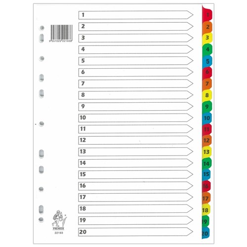 Premier 22193 Index Divider 20 Tabs Numbered Mylar Colours A4 - Theodist